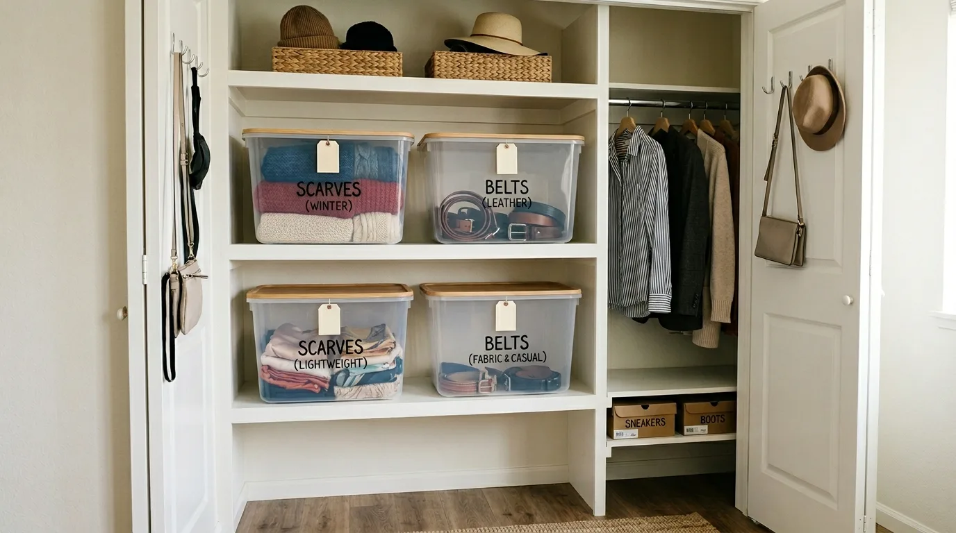 Small closet with labeled accessory bins